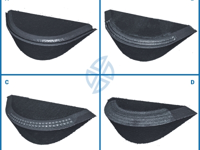 3D skeny vytvořených mikroutvařečů: A) jedna linka; B) dvě linky; C) čtverečky; D) vlnka