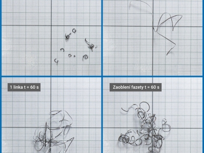 Fotodokumentace třísek pro různé úpravy mikrogeometrie PKNB nástroje při podélném soustružení Inconelu 718 při řezných podmínkách: vc = 200 m.min-1, fot =0,08 mm, ap = 0,1 mm 