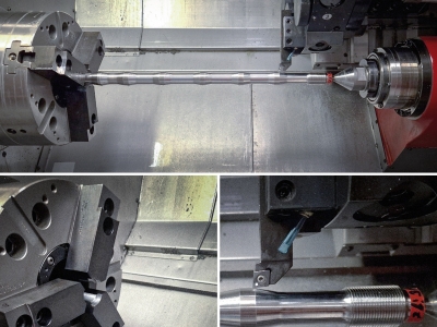 Fotodokumentace upnutí Tie Boltu v pracovním prostoru soustružnického centrum SP430 s detaily upnutí na jednotlivých koncích.