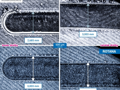 Detail drážky v obrobku po frézování standartním nástrojem (po první drážce) a prototypem ROTANA (po čtvrté drážce) 
